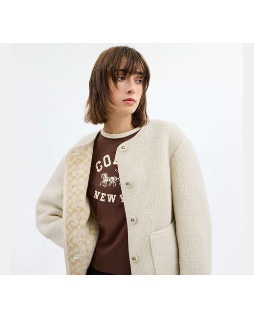 COACH White Short Sherpa Cardi Jacket