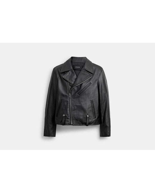 COACH Black Shrunken Leather Biker Jacket for men