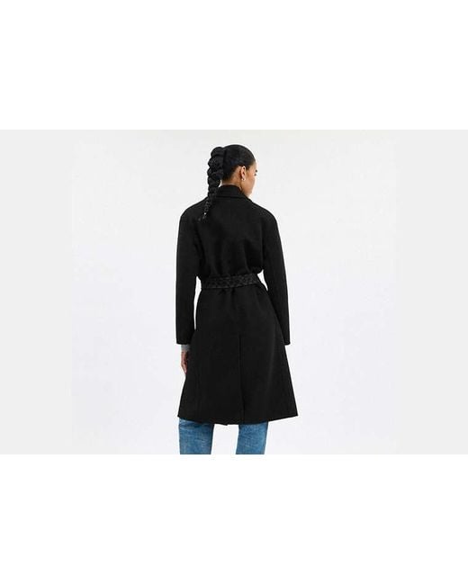 Abrigo Largo De Lana Con Cinturón En, Talla COACH de color Black
