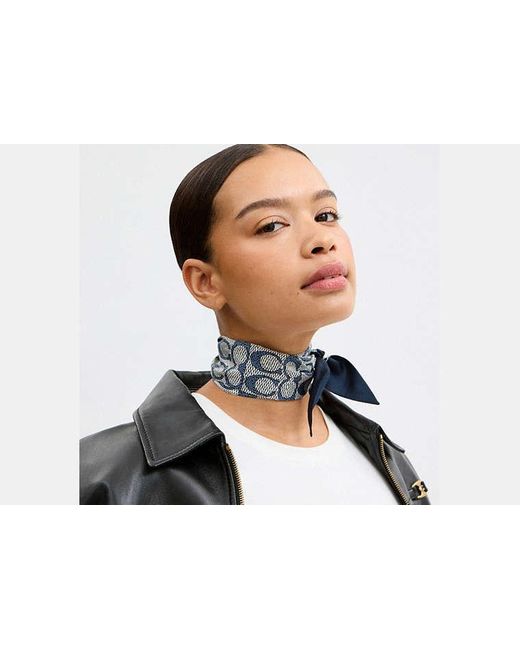 COACH Black Textured Signature Print Silk Skinny Scarf