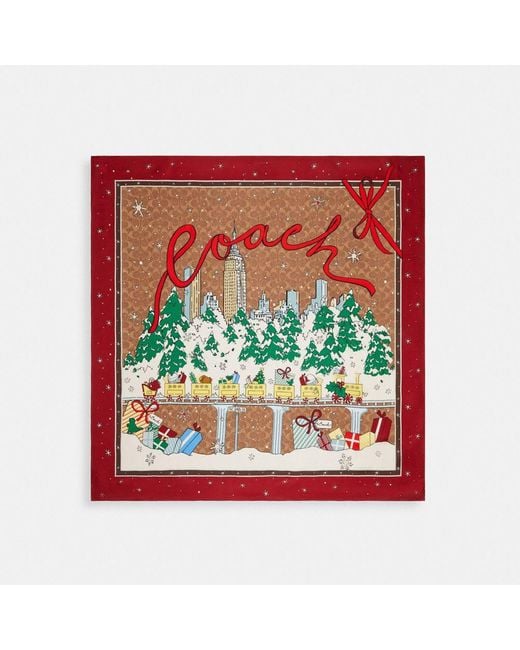 COACH Red Signature Central Park Print Silk Square Scarf