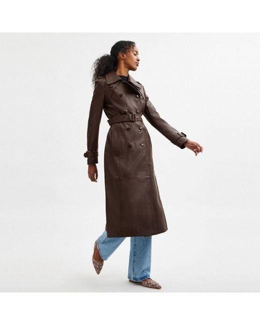 COACH Heritage C Double Breasted Leather Trench in Brown Lyst