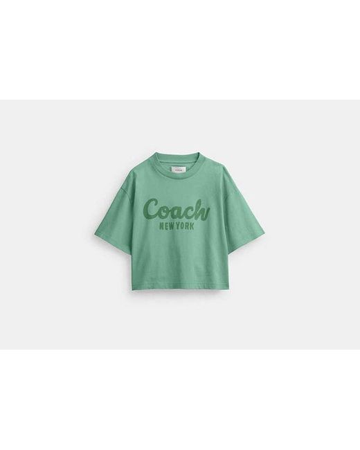 COACH Green Verkürztes T-Shirt mit kursiver Signature