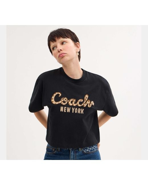 COACH Black New Year Snake Script Cropped T Shirt In Organic Cotton