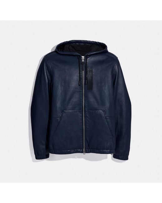 COACH Blue Hooded Leather Jacket for men