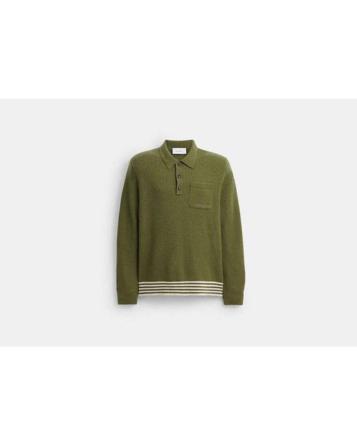 COACH Green Knit Long Sleeve Pocket Polo for men