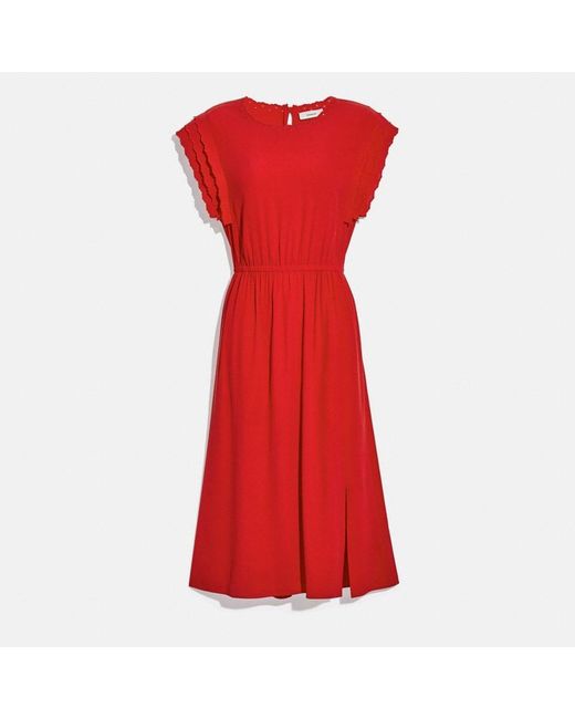 COACH Red Shoulder Pleat Midi Dress
