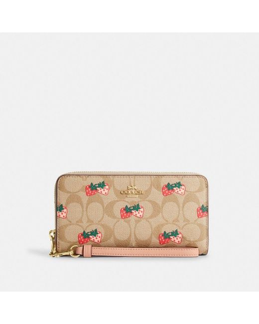 COACH Natural Long Zip Around Wallet In Signature Canvas With Strawberry Print