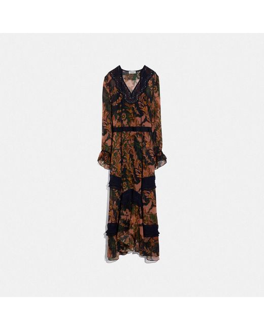 COACH Brown Langes verziertes Kleid mit Waldblumen-Print