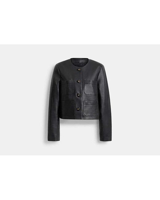 COACH Black Collarless Leather Jacket