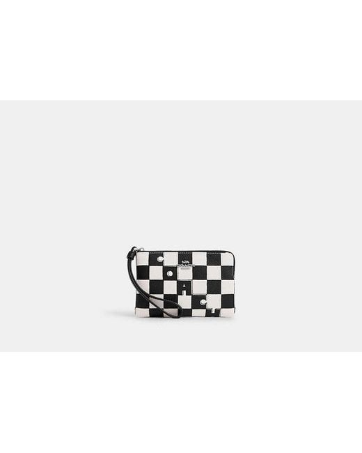 COACH Black Corner Zip Wristlet With Checkerboard Print