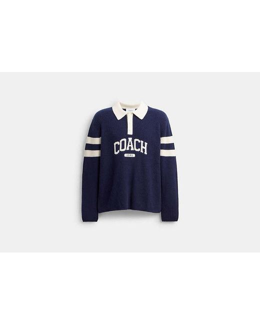 COACH Blue Knit Long Sleeve Graphic Polo for men