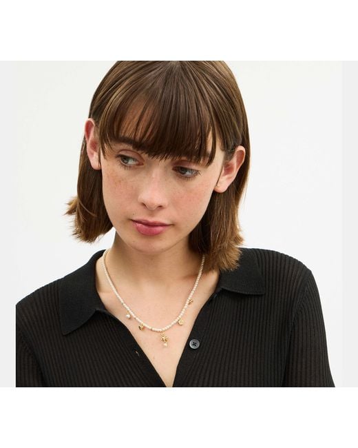 COACH Black Mini Cat Pearl Charms Necklace