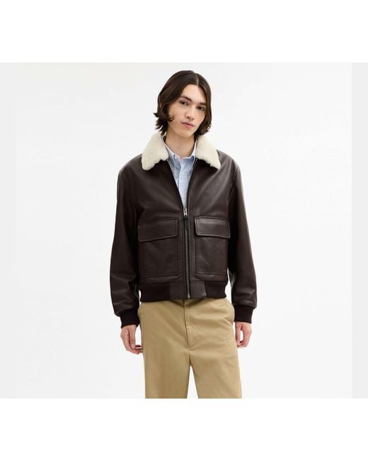 COACH Black Leather Flight Jacket With Collar for men