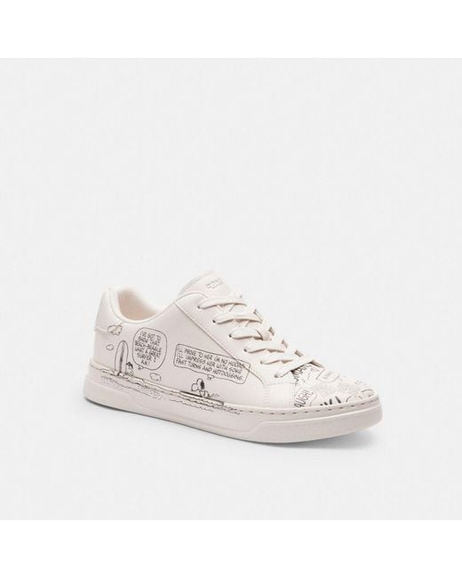 COACH White X Peanuts High Line Sneaker With Newspaper Print
