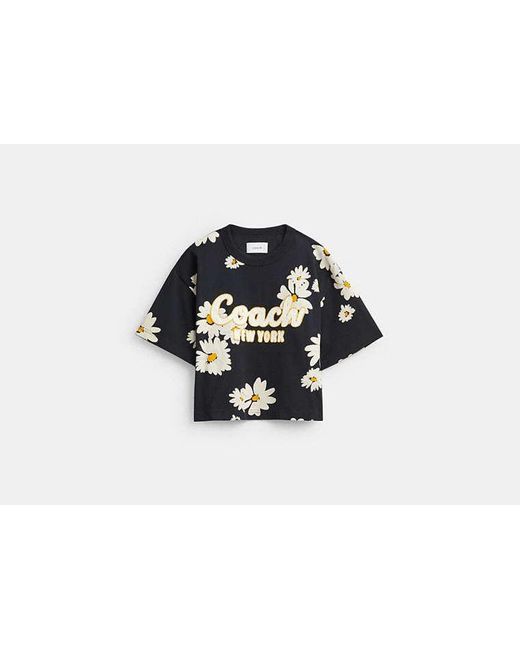 COACH Black Floral Cropped Signature Script T Shirt In Organic Cotton