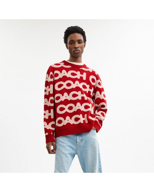 COACH Red Coach Allover Crewneck Sweater for men