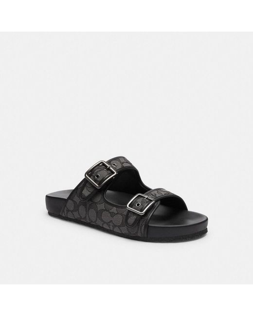 COACH Black Signature And Leather Buckle Strap Sandal for men