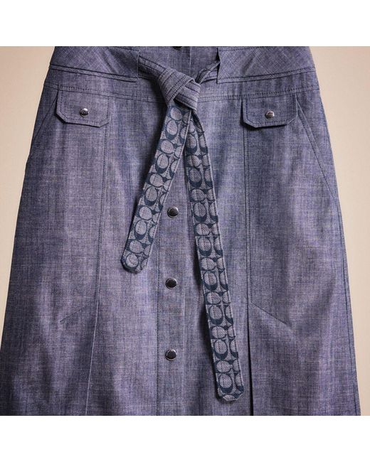 COACH Blue Restored Chambray Tie Waist Midi Skirt