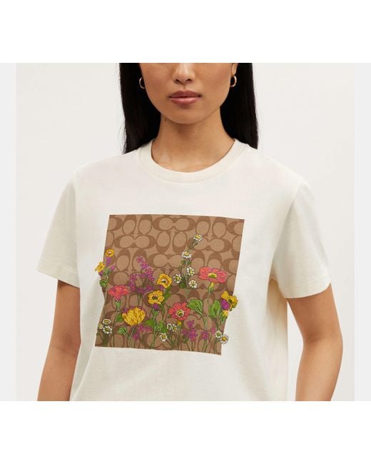 COACH Black Garden Floral Signature T-shirt - White, Size X-small | Other