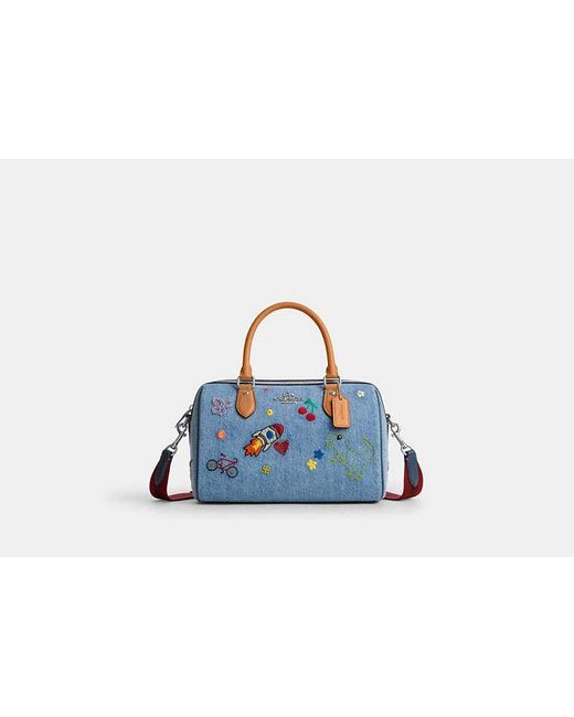 COACH Blue Rowan Satchel Bag With Patches And Embroidery