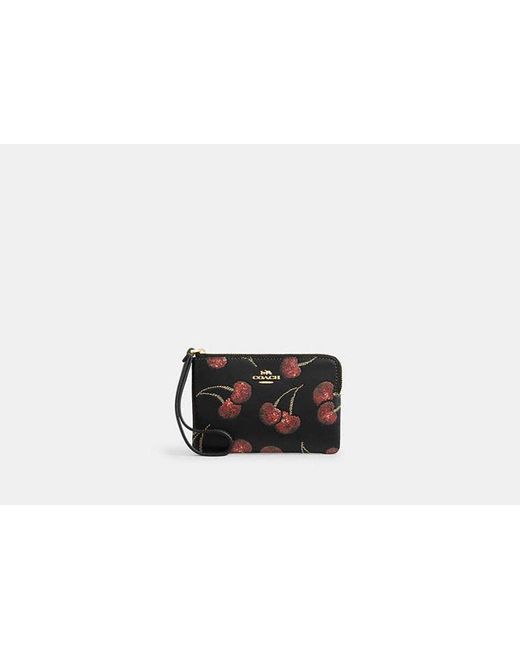 COACH Black Corner Zip Wristlet With Cherry Print