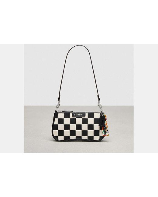 COACH Black Small Wavy Shoulder Bag In Checkerboard Upcrafted Leather