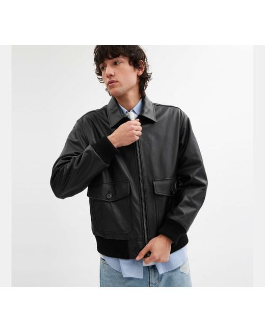 COACH Black Leather Bomber Jacket for men