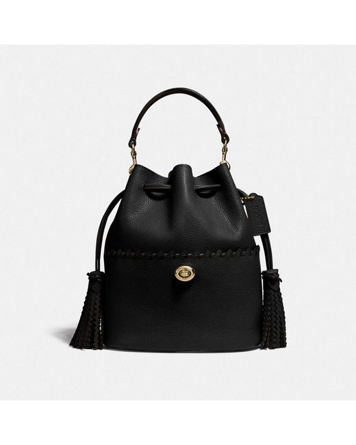 COACH Leather Lora Bucket Bag With Whipstitch Detail in Brass/Black (Black) - Lyst