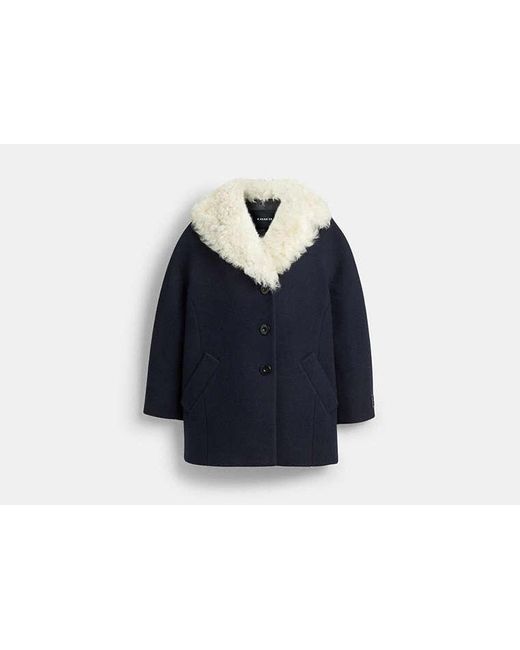 COACH Blue Wool Coat With Shearling Collar
