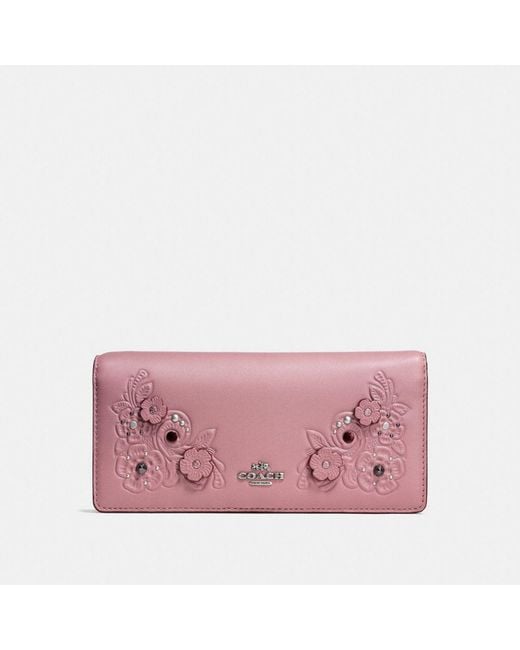 COACH Pink Slim Wallet With Tea Rose And Tooling