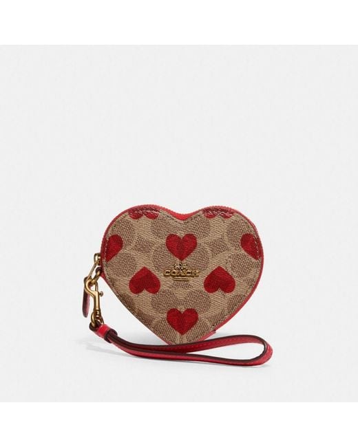 COACH Brown Heart Coin Case In Signature Canvas With Heart Print