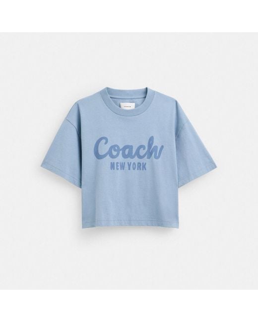 COACH Blue Cursive Signature Cropped T Shirt