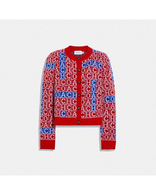 COACH Wool Crossword Cardigan In Red Lyst