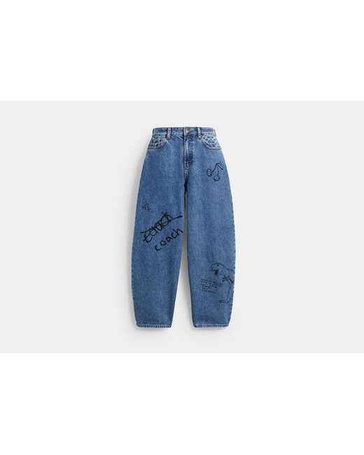 COACH Blue Sketch Print Barrel Jeans In Organic Cotton