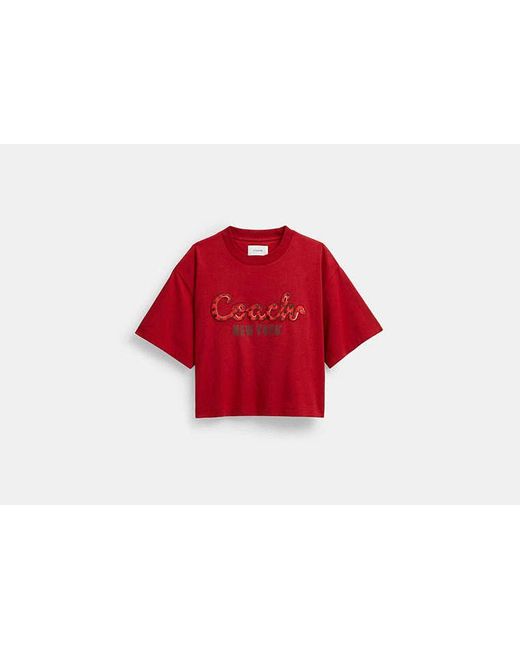 COACH Red New Year Snake Script Cropped T Shirt In Organic Cotton