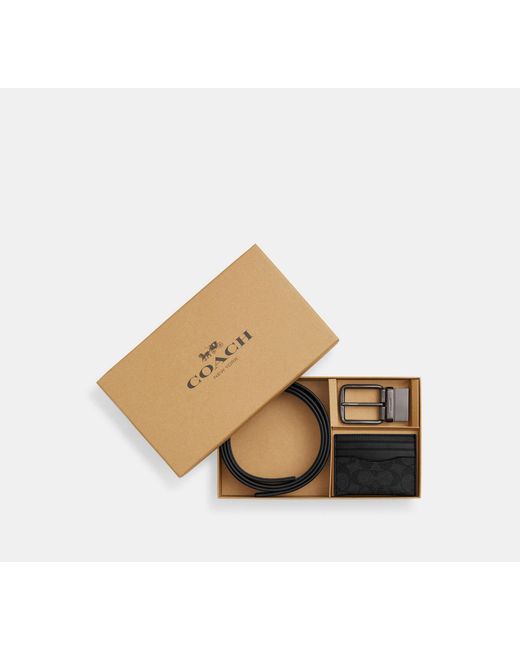 COACH Black Boxed Card Case And Belt Set for men
