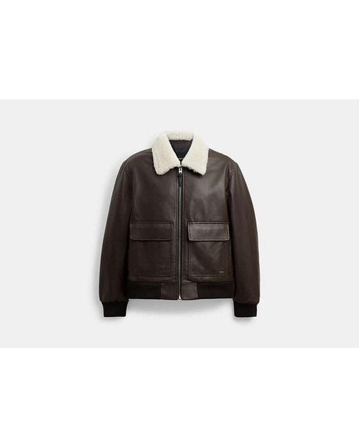 COACH Black Leather Flight Jacket With Collar for men