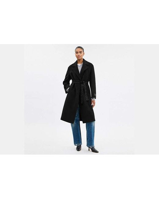 Abrigo Largo De Lana Con Cinturón En, Talla COACH de color Black