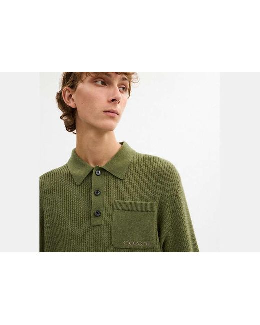 COACH Green Knit Long Sleeve Pocket Polo for men