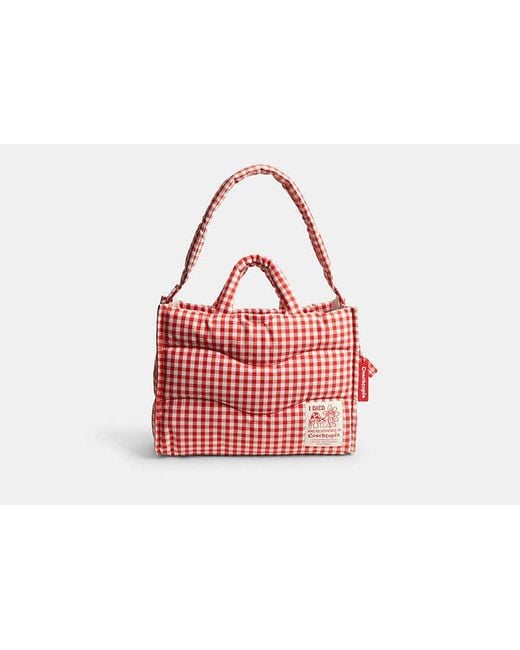 COACH Red Topia Loop Tote With Gingham Pattern