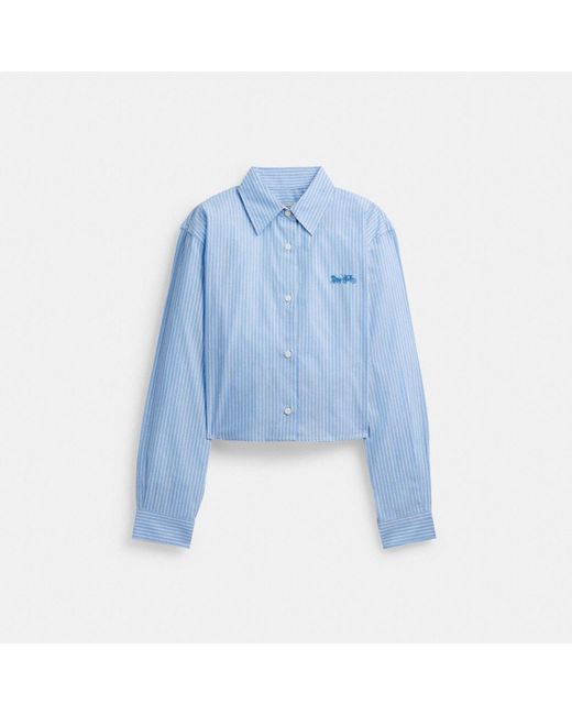 COACH Blue Striped Cropped Button Up Shirt