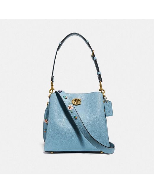 COACH Leather Willow Bucket Bag With Floral Embroidery in Brass/Azure
