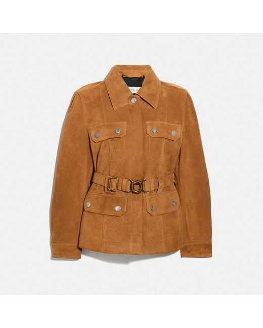 COACH Suede Belted Heritage Jacket in Brown - Lyst