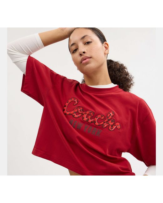 COACH Red New Year Snake Script Cropped T Shirt In Organic Cotton
