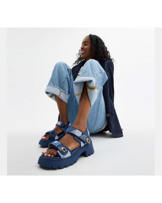 COACH Blue Brynn Platform Sandal With Patchwork