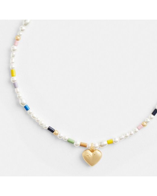 COACH Metallic Signature Heart Beaded Pearl Choker Necklace