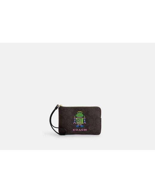 COACH Black Cosmic Coach Corner Zip Wristlet In Signature Canvas With Robot Print