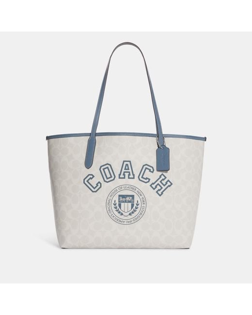 Coach Outlet White City Tote In Signature Canvas With Varsity Motif