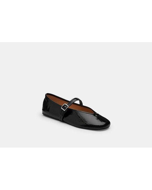 COACH Black Sculpted C Crinkle Patent Leather Soft Mary Jane Flat Shoes